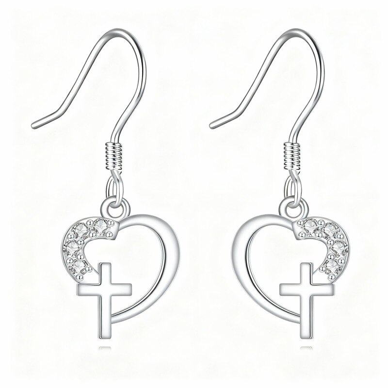 Boucles d'oreilles pendantes en or blanc 10 carats avec zircon cubique en forme de croix et de cœur-1