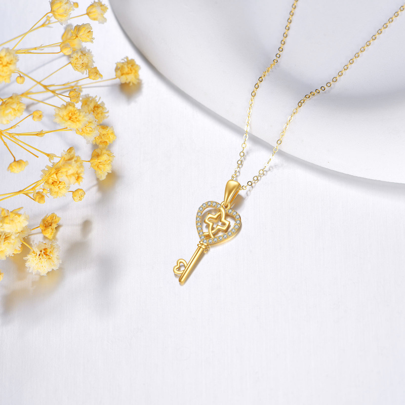 Collier pendentif clé en or 14 carats avec croix et cœur en zircon cubique - Cadeau d'anniversaire délicat-3