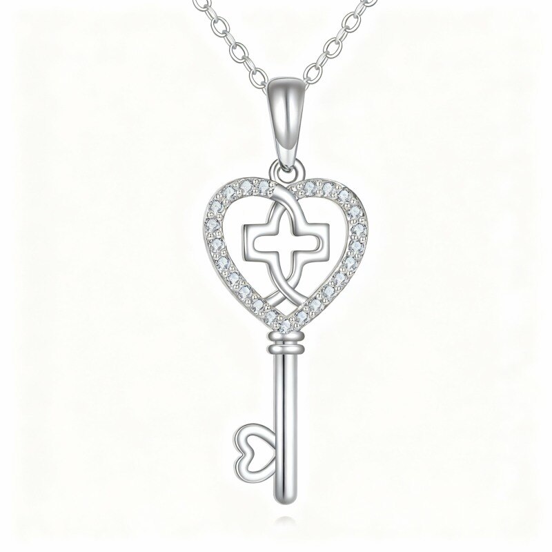 Collar con colgante de cruz, corazón y llave en oro blanco de 14 quilates con circonitas cúbicas-1