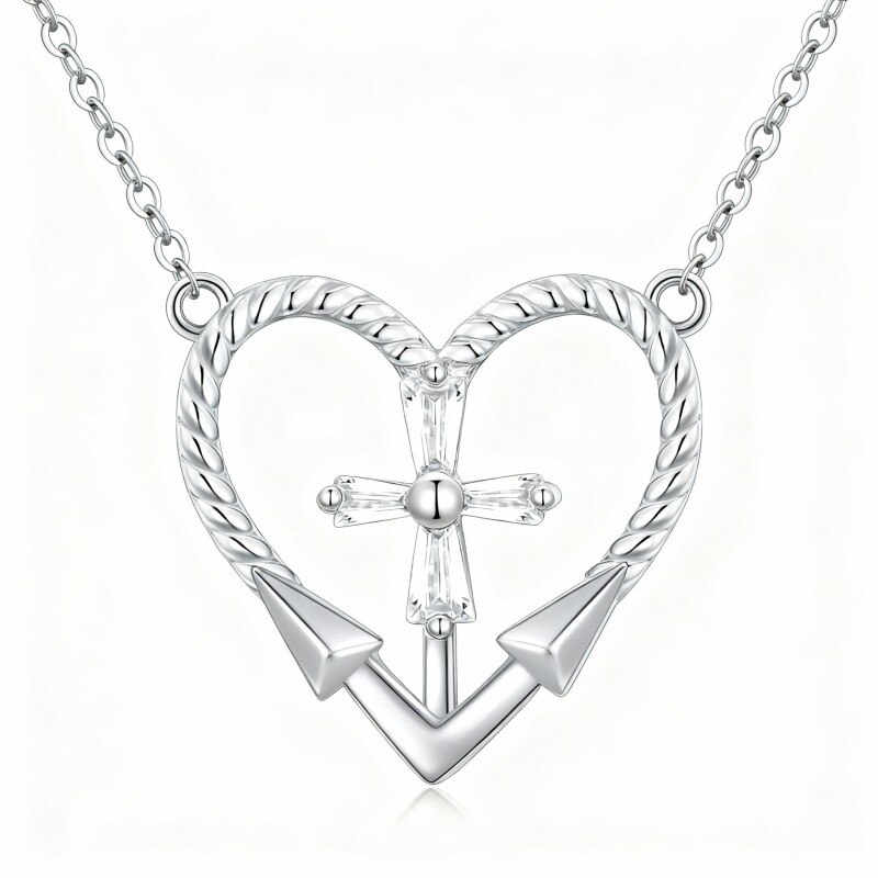 Collier pendentif croix et cœur en or blanc 18 carats et zirconiums cubiques-1
