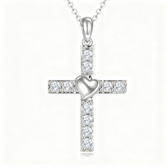 Collar con colgante de cruz y corazón de oro blanco de 9 quilates con circonitas cúbicas