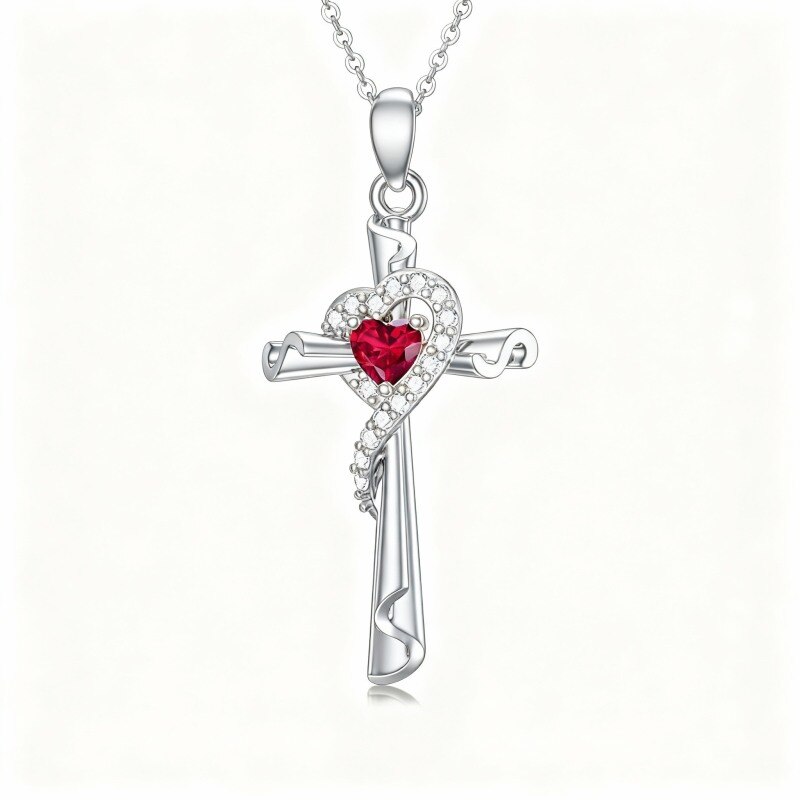 Collier pendentif croix et cœur en or blanc 14 carats et zircon cubique-1