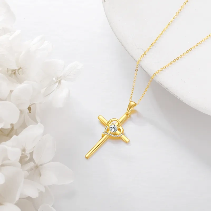 Halskette mit Kreuz- und Herzanhänger aus 14-karätigem Gold und Zirkonia-3