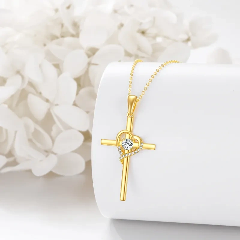 Halskette mit Kreuz- und Herzanhänger aus 14-karätigem Gold und Zirkonia-4