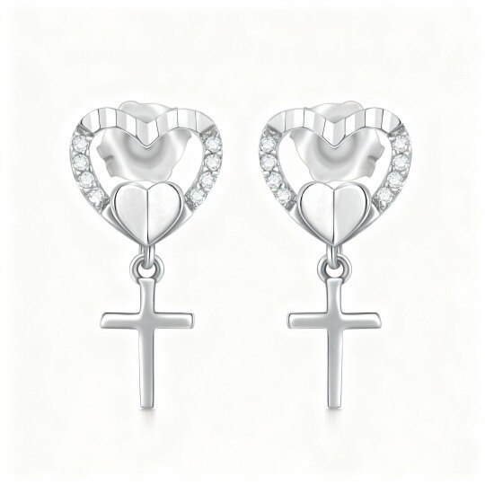 Boucles d'oreilles puces en or blanc 10 carats avec zircon cubique en forme de croix et de cœur