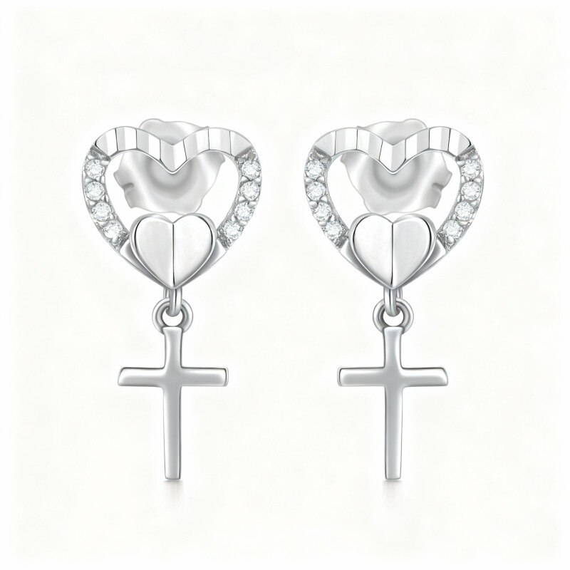 Pendientes de oro blanco de 18 quilates con circonitas cúbicas en forma de cruz y corazón-1
