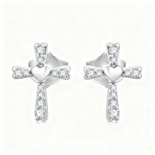 Boucles d'oreilles puces en or blanc 10 carats avec zircon cubique en forme de croix et de cœur