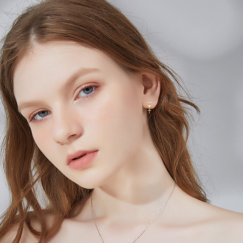 10K Rose Gold Cubic Zirconia Cross & Heart Stud Earrings-2