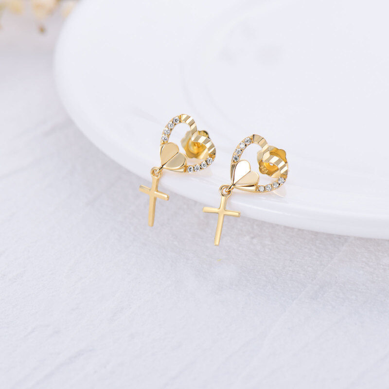 10K Rose Gold Cubic Zirconia Cross & Heart Stud Earrings-3