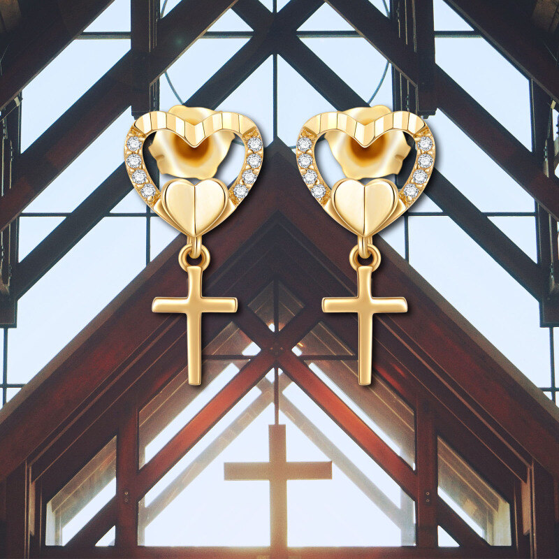10K Rose Gold Cubic Zirconia Cross & Heart Stud Earrings-6