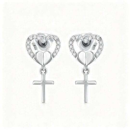 Boucles d'oreilles puces en or blanc 10 carats avec zircon cubique en forme de croix et de cœur