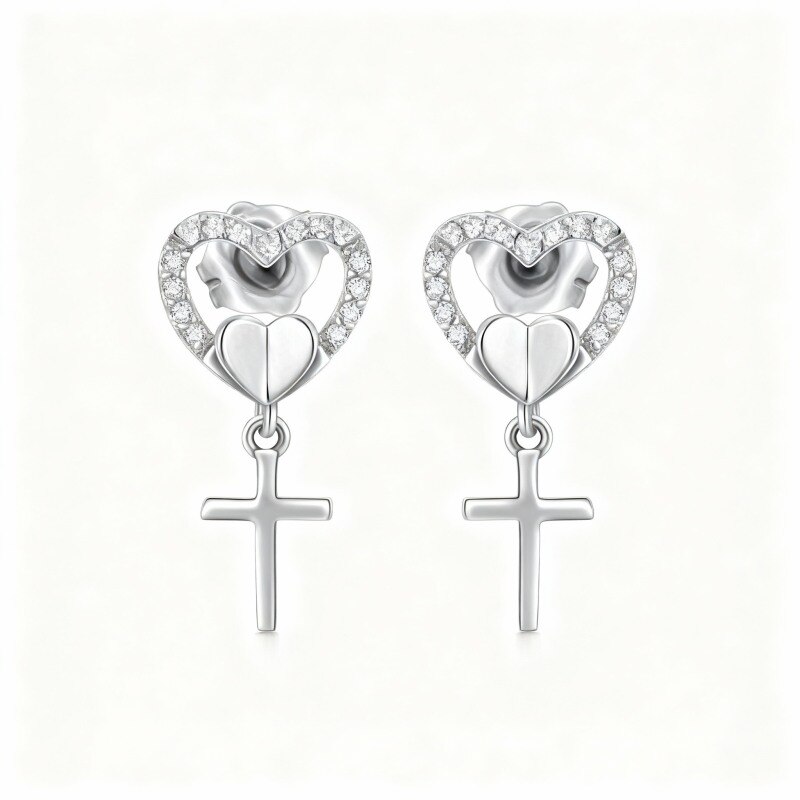 Pendientes de cruz y corazón de platino con circonitas cúbicas chapadas en oro blanco-1