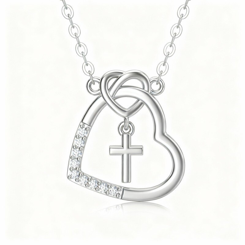 10K White Gold Cubic Zirconia Cross & Heart With Heart Pendant Necklace-1