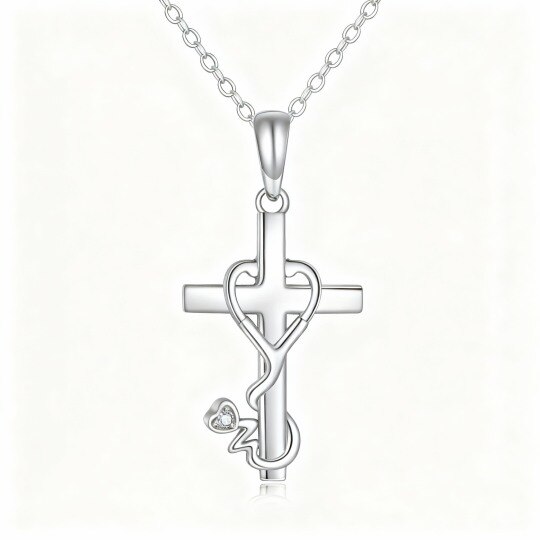 Halskette aus 9-karätigem Weißgold mit Zirkonia-Kreuz und Herzanhänger sowie Herz- und Stethoskop-Anhänger