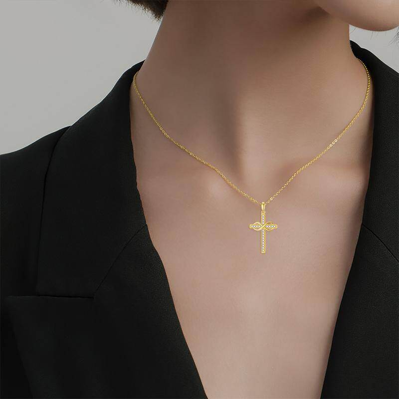 Collar con colgante de cruz y símbolo de infinito en oro blanco de 10 quilates con circonitas cúbicas-2