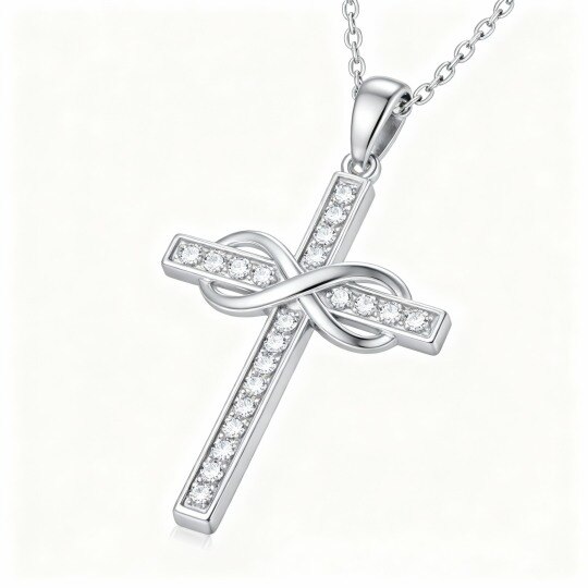9K White Gold Cubic Zirconia Cross & Infinity Symbol Pendant Necklace