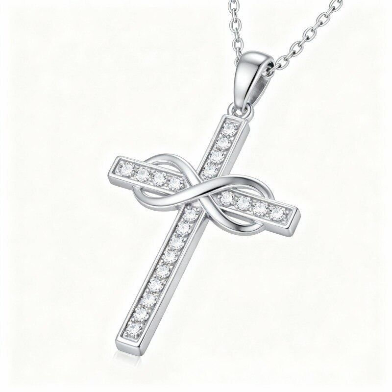Collar con colgante de cruz y símbolo de infinito en oro blanco de 10 quilates con circonitas cúbicas-1