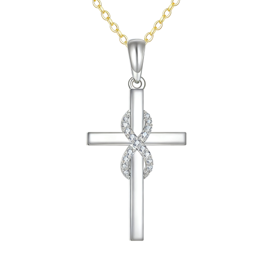 10K White Gold Cubic Zirconia Cross & Infinity Symbol Pendant Necklace