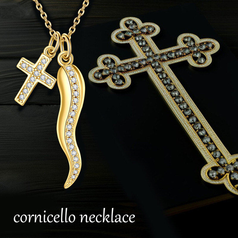 Collar con colgante de cruz y cuerno italiano en oro rosa de 10 quilates con circonitas cúbicas-6