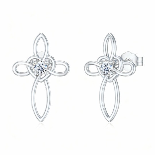 Boucles d'oreilles puces en or blanc 10 carats et zircon cubique, motif nœud en croix