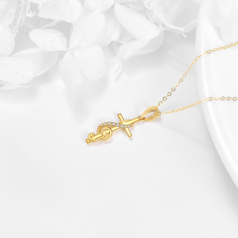18K Gold Cubic Zirconia Cross & Music Symbol Pendant Necklace-3