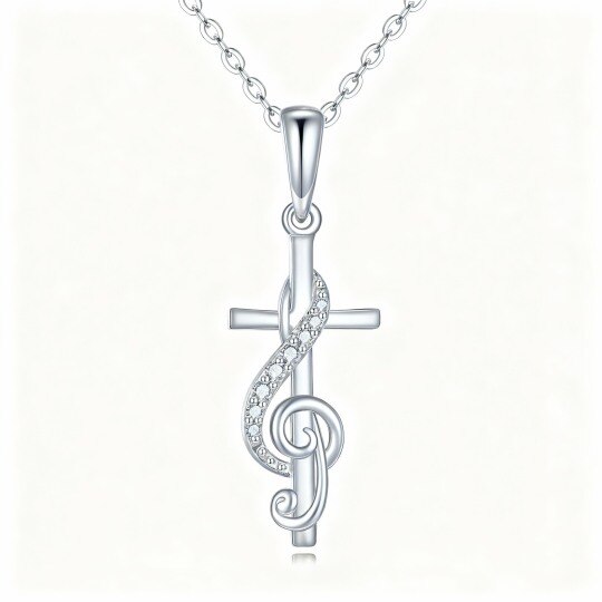 10K White Gold Cubic Zirconia Cross & Music Symbol Pendant Necklace