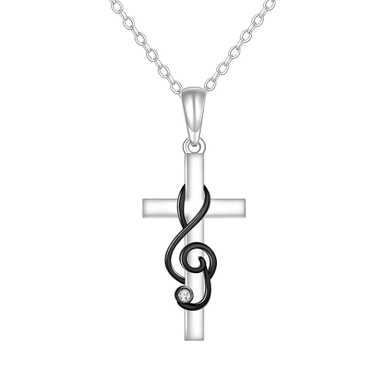 Collana con ciondolo a croce e simbolo musicale in oro bianco 10 carati e zirconi cubici.