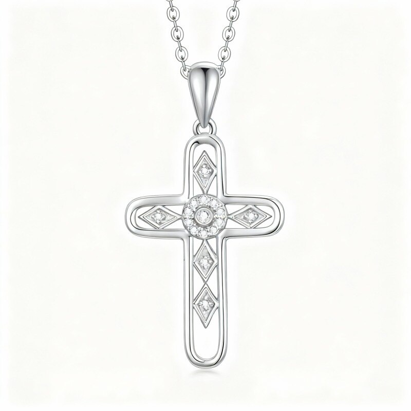 Collar con colgante de cruz de circonita cúbica chapado en oro blanco y platino-1