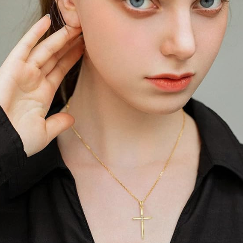 Collier croix en or 18 carats et zircon cubique pour femmes et hommes-2