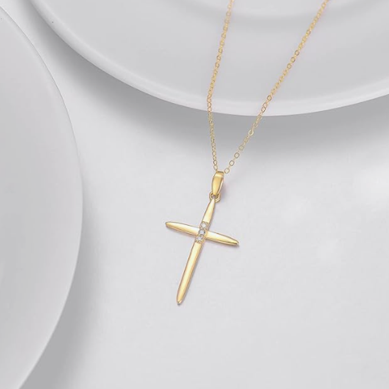 Collier croix en or 18 carats et zircon cubique pour femmes et hommes-4