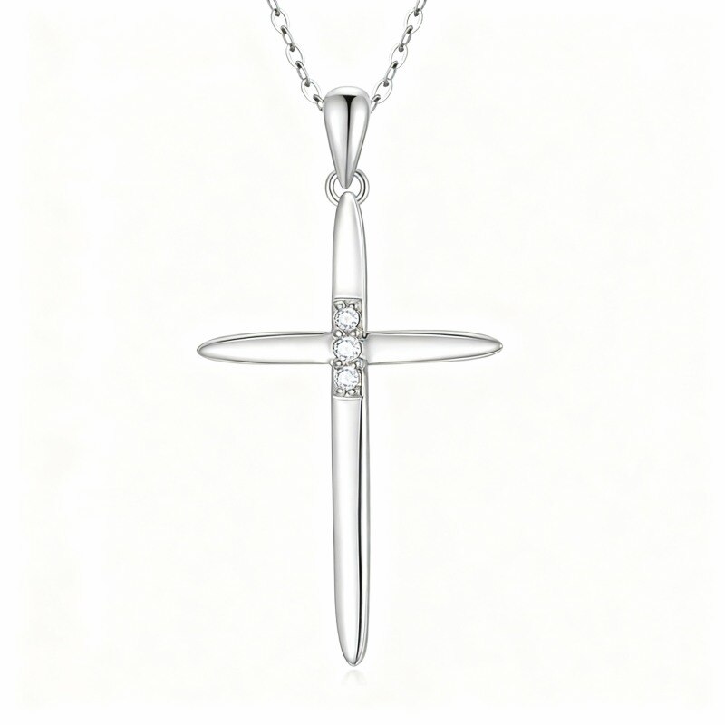 10K White Gold Cubic Zirconia Cross Pendant Necklace-1