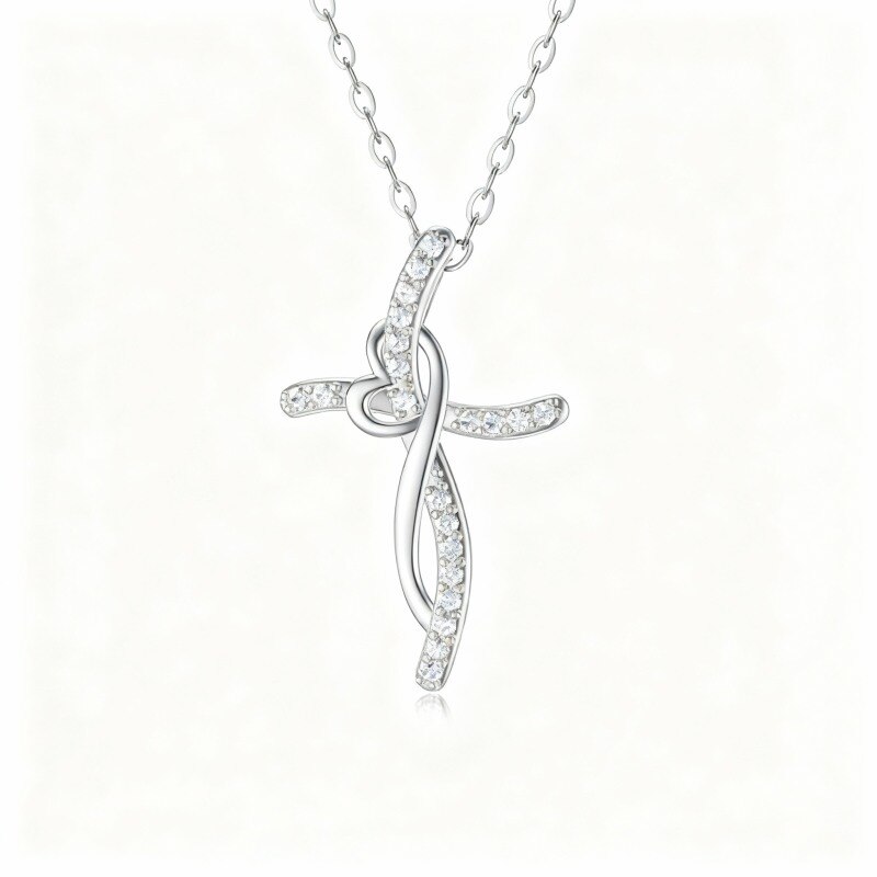 18K White Gold Cubic Zirconia Cross Pendant Necklace-1