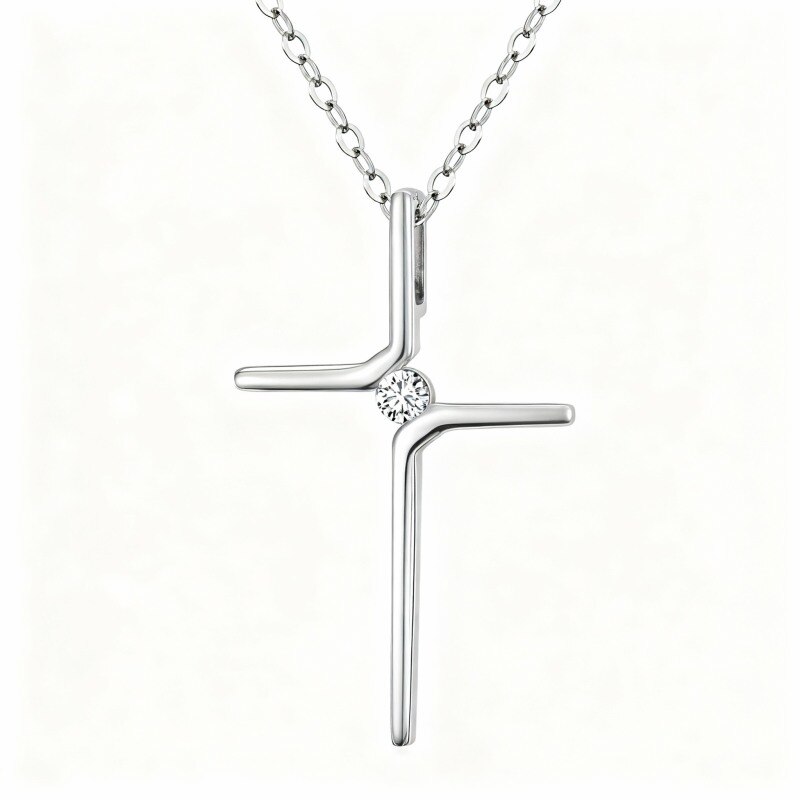Collier pendentif croix en or blanc 18 carats et zirconiums cubiques-1
