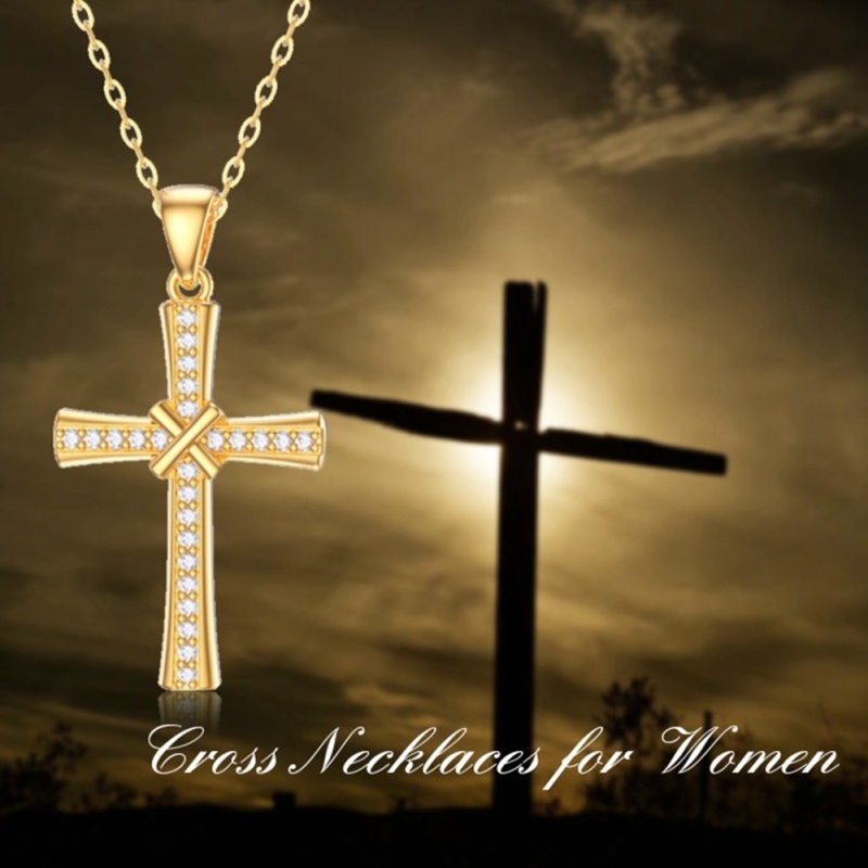 Platinum with White Gold Plated Cubic Zirconia Cross Pendant Necklace-6