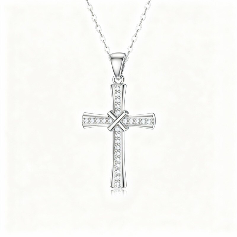 Platinum with White Gold Plated Cubic Zirconia Cross Pendant Necklace-1