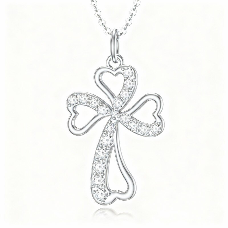 Collier pendentif croix en or blanc 10 carats et zirconiums cubiques-1