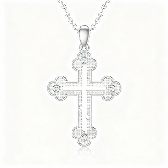 Collier pendentif croix en or blanc 10 carats et zirconiums cubiques