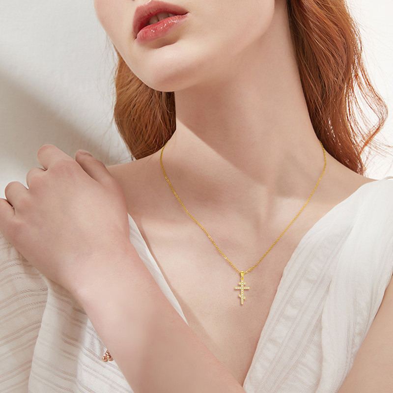 Collar con cruz de circonita cúbica de oro de 18 quilates para mujer y hombre-2