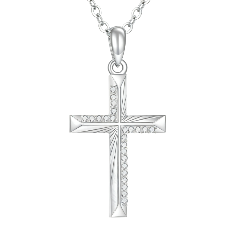 Collier pendentif croix en platine plaqué or blanc et zircon cubique-1