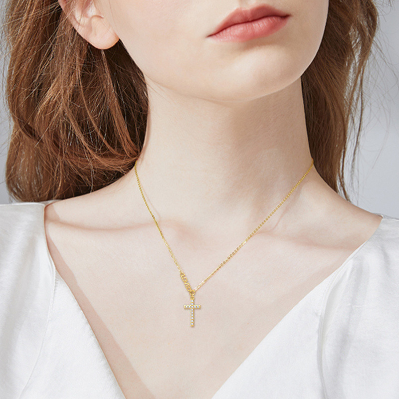 14K Gold Cubic Zirconia Cross Pendant Necklace with Engraved Word-2