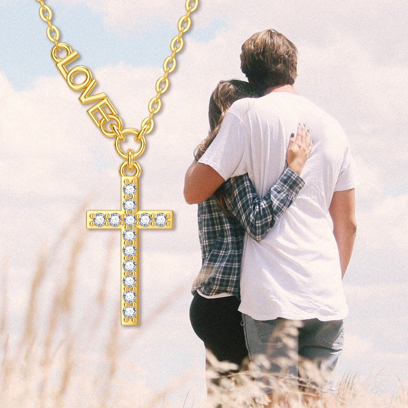 14K Gold Cubic Zirconia Cross Pendant Necklace with Engraved Word-3