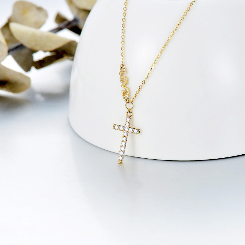 14K Gold Cubic Zirconia Cross Pendant Necklace with Engraved Word-4