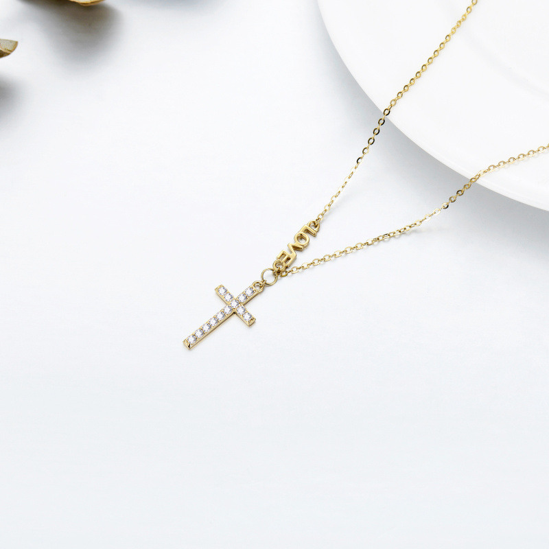 14K Gold Cubic Zirconia Cross Pendant Necklace with Engraved Word-5