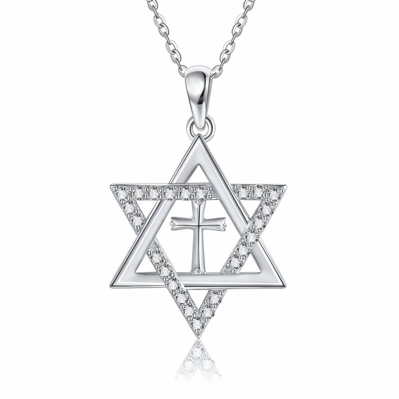 Collier pendentif croix et étoile de David en or blanc 10 carats et zirconiums cubiques-1