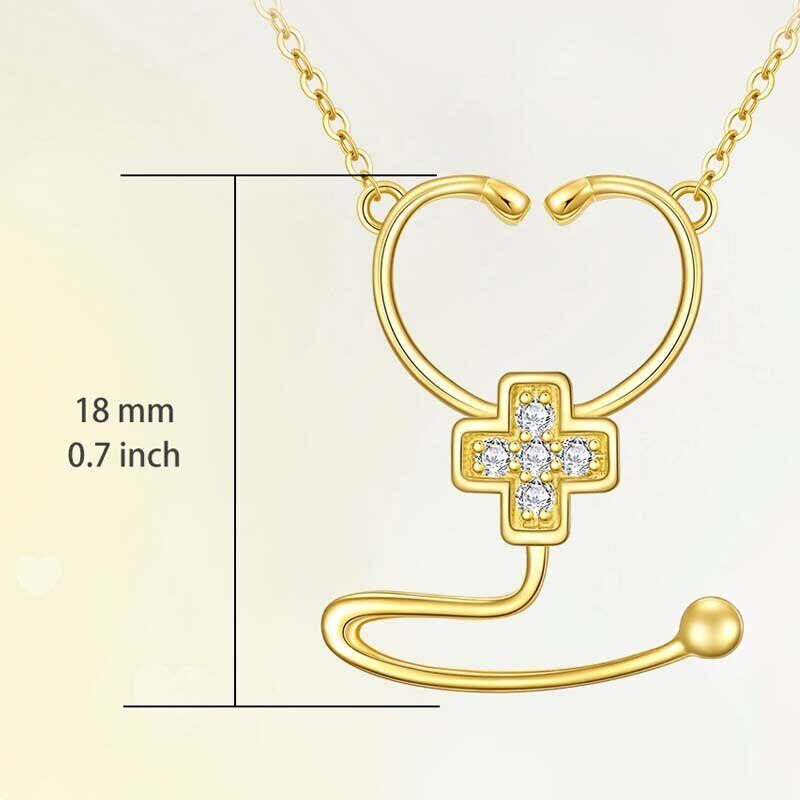 Collar de cruz y estetoscopio con circonitas cúbicas de oro de 10 quilates para mujer-5