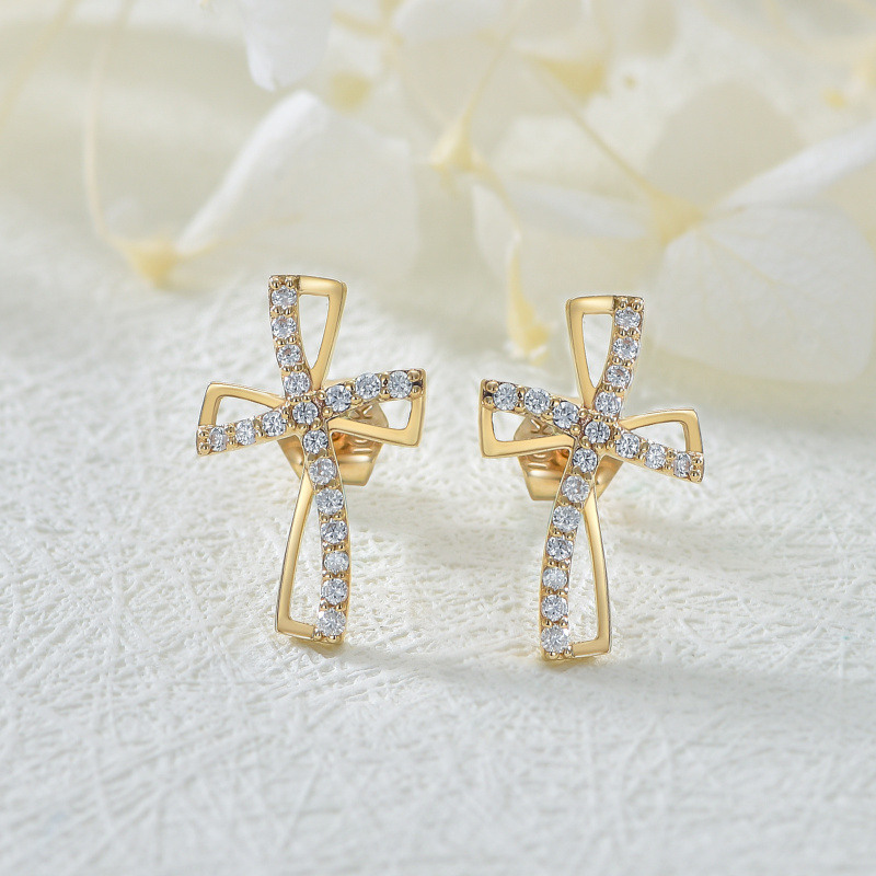 14K Gold Cubic Zirconia Cross Stud Earrings-3