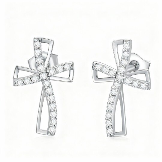 Boucles d'oreilles puces en or blanc 10 carats et zirconiums cubiques en forme de croix