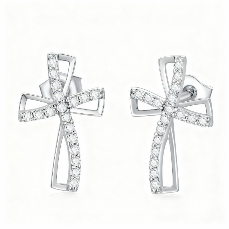 Pendientes de cruz con circonitas cúbicas de oro blanco de 10 quilates para hombre-1