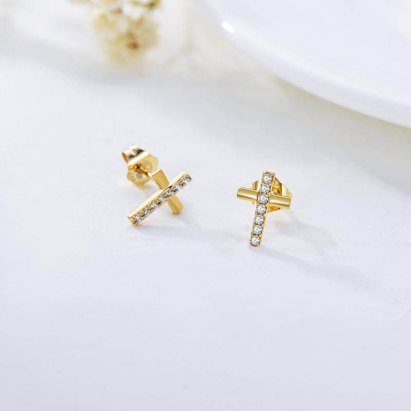 Pendientes de cruz con circonitas cúbicas en oro rosa de 9 quilates-2