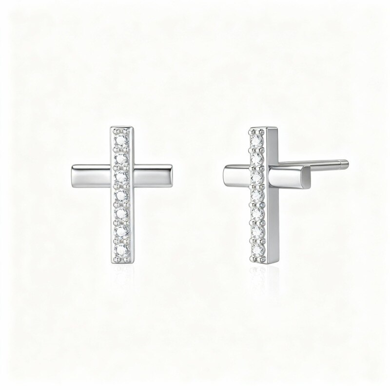 Pendientes de cruz de platino con circonitas cúbicas chapadas en oro blanco-1